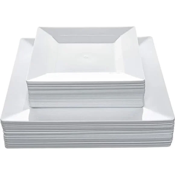 White Square Disposable Plates - Heavy Duty Plastic Party Plates for Christmas
